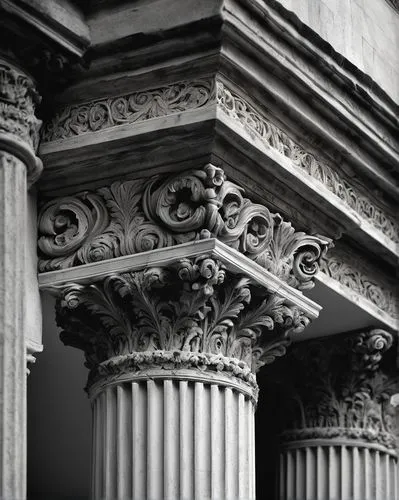 Corinthian order architecture, ancient Greek temple, majestic columns, ornate capitals, intricately carved acanthus leaves, weathered stone exterior, worn marble steps, symmetrical facade, central ped