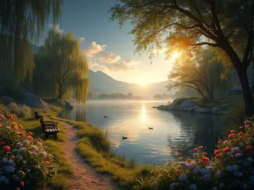 river landscape,landscape background,evening lake,beautiful landscape,world digital painting,beautiful lake,fantasy landscape,nature landscape,idyllic,fantasy picture,idyll,landscape nature,spring morning,tranquility,beauty scene,summer evening,serenity,evening atmosphere,meadow landscape,boat landscape,Photography,General,Realistic