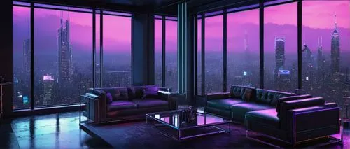 Cyberpunk, futuristic, high-tech, dimly lit, neon lights, holographic displays, sleek metal furniture, leather sofa, chrome coffee table, glass partitions, minimalist decor, cityscape view, skyscraper