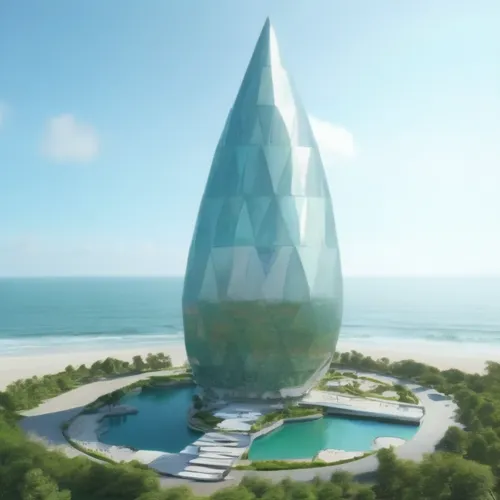 a blue and white cone shaped building next to a body of water,glass pyramid,water cube,largest hotel in dubai,diamond lagoon,futuristic architecture,glass building