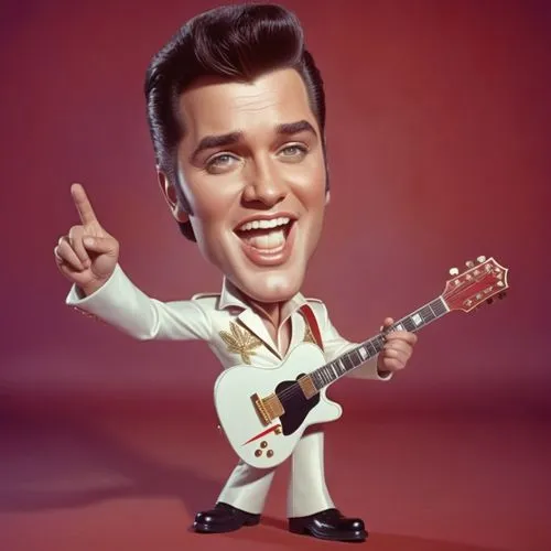 Caricature style drawing of a celebrity, big head, small body, exaggerated facial expressions. A 3D animated character resembling Elvis Presley, wearing a whiteA jumpsuit with red and gold accents, bl