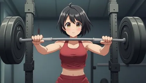 Anime girl with short black hair and brown eyes, wearing gym outfit, lifting weight in the gym,This is so heavy,lifting,weightlifting,hatsumomo,weighlifting,peni,misasagi