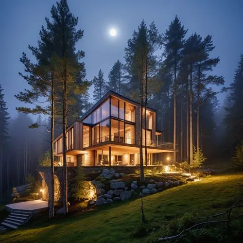 house in the forest, facade with tree, night fog around,a very nice house with some lighting on it,house in the forest,forest house,house in mountains,house in the mountains,the cabin in the mountains