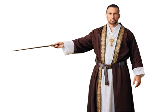 Ancient Ephod, male priest, solo, (40yo), wise facial expression, worn-out brown robe, golden embroidered hem, white undershirt, brown leather belt, holding staff, standing, majestic, soft natural lig