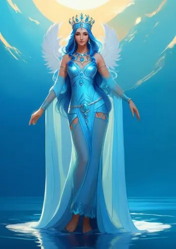 2D concept art, Achaemenid goddess Anahita, guardian of water, beautiful, long blue hair, long sleeve See-Through Achaemenid dress, silver crown, highly detailed, solid color background,an image of a 