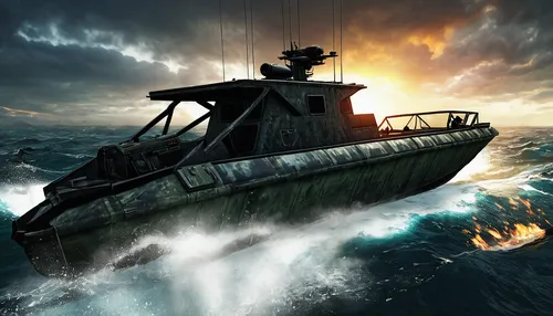 military speedboat, Call of Duty: Black Ops II, detailed map design, ocean waves, combat gear, soldiers in action, dynamic water splash, realistic textures, metal surface, tactical equipment, first-pe