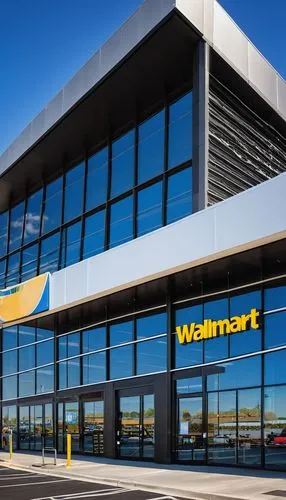 Modern Walmart building, sleek architectural design, large glass facade, metal framework, minimalist entrance, sliding doors, LED signage, surrounding parking lot, asphalt road, urban landscape, sunny