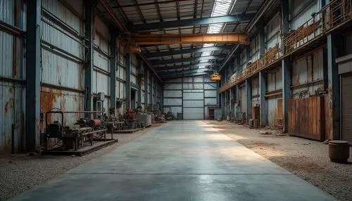 Industrial facility, steel frames, corrugated metal walls, reinforced concrete foundations, durable epoxy flooring, heavy-duty machinery, stainless steel equipment, rust-resistant fasteners, weathered