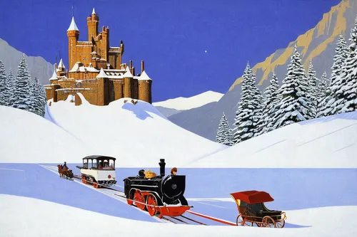 sleigh ride,santa claus train,winter service,snowplow,snow scene,christmas caravan,snow plow,christmas sled,santa sleigh,bernina railway,funicular,snowmobile,travel poster,snow removal,hogwarts express,peles castle,christmas landscape,sleigh,banff springs hotel,snow blower,Illustration,Retro,Retro 15