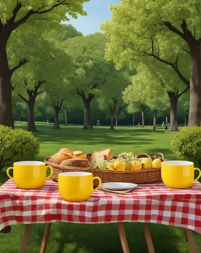 Write a cheerful story about a picnic in the park with yellow cups.,garden breakfast,picnic,breakfast outside,background vector,picnic table,picnic basket,cartoon video game background,golf course bac