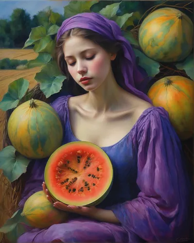 watermelon painting,muskmelon,fruit bowl,bowl of fruit in rain,la violetta,girl picking apples,glean,bowl of fruit,melons,oil painting,ripening,watermelons,naranjilla,summer fruit,fruit basket,girl with cereal bowl,fruitful,gourds,cantaloupe,harvested fruit,Illustration,Realistic Fantasy,Realistic Fantasy 30