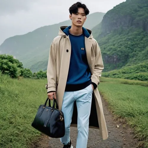  in Jeju Island with black volcanic rock visible in the background, handsome Korean young male fashion model resembles actor Park Seojoon, resembles korean actor hyunbin, resembles Cha Eunwoo, korean 