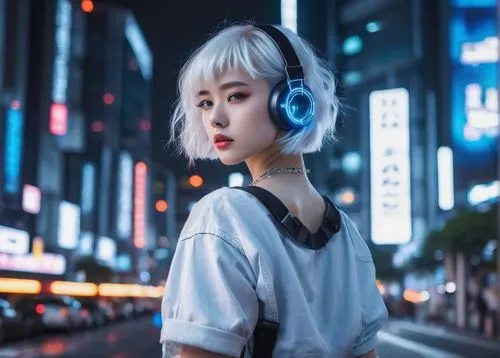 dream girl, AI beauty, futuristic cyberpunk, neon lights, glowing blue eyes, silver hair clips, pale skin, delicate features, slender figure, white crop top, high-waisted denim shorts, metallic boots,