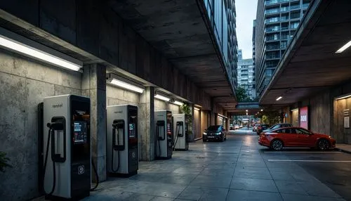 Rugged charging station, brutalist architecture, raw concrete walls, exposed ductwork, industrial metal beams, bold angular lines, minimalist aesthetic, functional design, urban cityscape, busy street