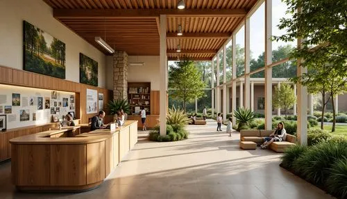 Earth-toned visitor center, natural stone walls, wooden accents, warm beige flooring, vibrant greenery, educational exhibits, interactive displays, welcoming reception desk, comfortable seating areas,