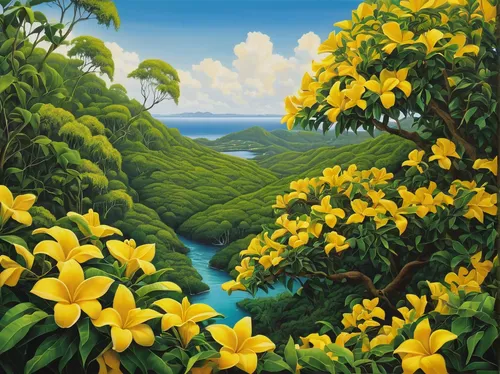 Describe a vibrant landscape where the yellow allamanda stands out against a backdrop of lush greenery.,yellow tabebuia,yellow bells,tropical bloom,jamaica,frangipani,yellow garden,yellow flowers,magn