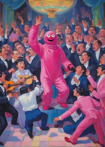 the muppets,sesame street,popular art,fête,a party,the pink panther,pink panther,puppet theatre,art,piñata,church painting,the pink panter,orchesta,ecstatic,magenta,mardi gras,masquerade,zunzuncito,oil on canvas,man in pink,Art,Classical Oil Painting,Classical Oil Painting 27