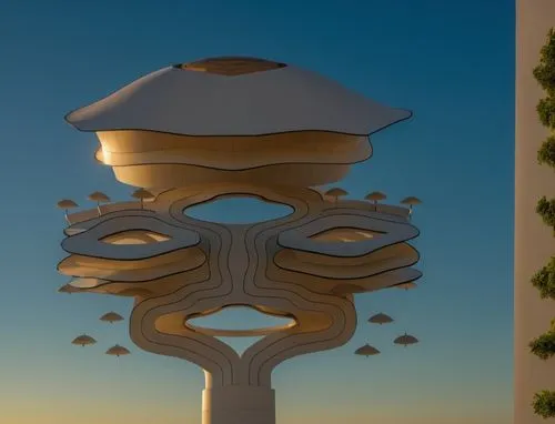 a tall tower with many different sized buildings on top,bird tower,aeroponic,mushroom island,sky space concept,fairy chimney,cellular tower,Photography,General,Realistic