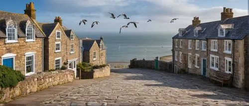 Bridport, seaside town, architectural design, British-style building, stone walls, wooden windows, steeply pitched roofs, chimneys, ornate doorways, intricate stonework, ocean views, cliffside, seagul