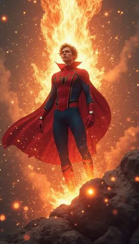 Majestic Fusion of Spider-Man, Katsuki Bakugou, and Dr. Strange, uniting as the Enlightened Explosive Weaver, commanding spatial dimensions and explosive firepower in a mystic setting, prepared to fac