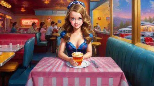 retro diner,waitress,soda shop,woman with ice-cream,cigarette girl,woman at cafe,pin-up girl,retro pin up girl,milkshake,girl with cereal bowl,retro pin up girls,diner,pin-up girls,pin up girl,ice cream parlor,retro girl,ice cream shop,drive in restaurant,cartoon video game background,girl sitting