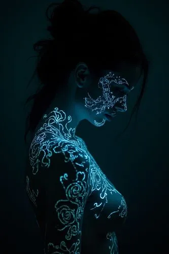 dark night, pitch black. beautiful young woman with whole body covered with beautiful tatoos. bioluminescent Tatoos glowing in the dark,the woman's body lit by glowing blue and white lights,neon body 