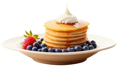 Delicious stack, golden brown pancake, butter melting, sweet syrup dripping, fresh berries scattered, whipped cream on top, ceramic plate, morning sunlight, shallow depth of field, warm color tone, 3/