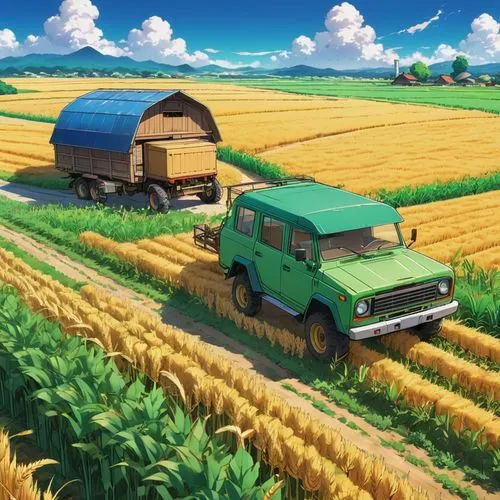 yamada's rice fields,lupini,farm background,agrobusiness,agricultural scene,agricultural machinery,Illustration,Japanese style,Japanese Style 03