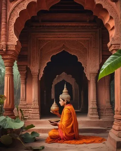 Ancient Indian temple, intricate carvings, ornate sculptures, red stone walls, golden domes, delicate arches, lotus-shaped pillars, Hindu gods statues, priest performing rituals, Diya lamp, incense st