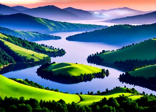 Beautiful scenic landscape, serene atmosphere, rolling hills, misty mountains, vibrant green trees, sparkling lake, warm sunlight, soft focus, panoramic view, cinematic composition, natural colors, hi