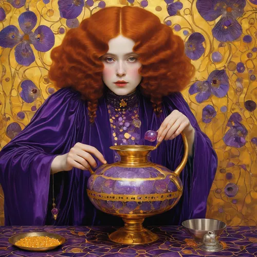 gold chalice,goblet,la violetta,art nouveau,chalice,lacquer,girl with cereal bowl,golden pot,purple and gold,holding cup,fortune teller,art nouveau design,gilding,golden candlestick,gold and purple,elizabeth i,woman drinking coffee,rem in arabian nights,priestess,violet,Art,Artistic Painting,Artistic Painting 32