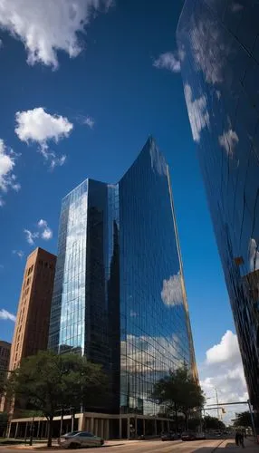 Kirksey Architecture building, Houston TX, modern skyscraper, reflective glass facade, sleek metallic lines, angular structure, urban cityscape, busy streets, cars passing by, pedestrians walking, sun