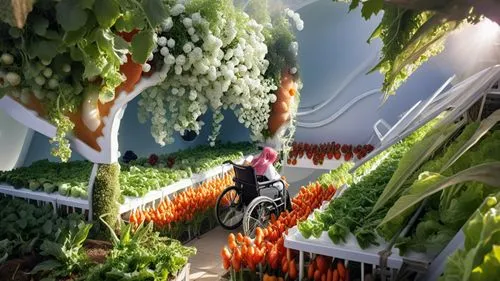 A photorealistic rendering of an indoor high-tech fruit and vegetable Hydroponic Towergarden inside a dome-shaped pod, with rows of ground lettuce and white trellis walls of citrus. The scene is illum