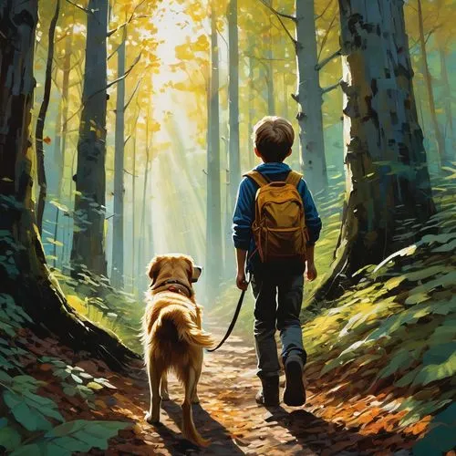 boy and dog,terabithia,walking dogs,companion dog,digital painting,dog illustration,forest walk,children's background,world digital painting,walk with the children,autumn walk,dog walker,girl with dog,oil painting on canvas,kids illustration,mans best friend,walk,explorers,hikers,hiker,Conceptual Art,Sci-Fi,Sci-Fi 01