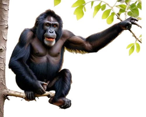 Black orangutan monkey, adult, solo, muscular arms, strong hands, thick fur, black eyes, white nose, open mouth, sharp teeth, sitting on branch, relaxed posture, natural habitat, warm sunlight filteri