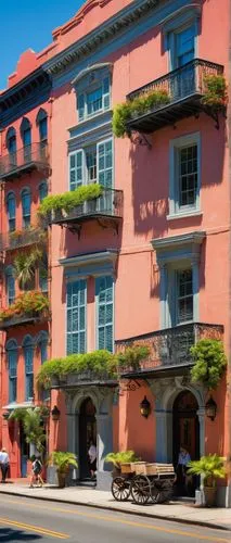 Historic cityscape, Charleston, South Carolina, Board of Architectural Review building, colonial-style architecture, ornate facade, columns, arches, intricate stonework, red-tiled roof, American flag 