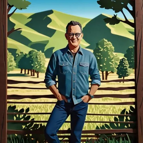 Middle-aged man, Tom Hanks style, casual dude, relaxed facial expression, slight smile, messy brown hair, glasses, denim shirt, blue jeans, sneakers, hands in pockets, leaning against a wooden fence, 