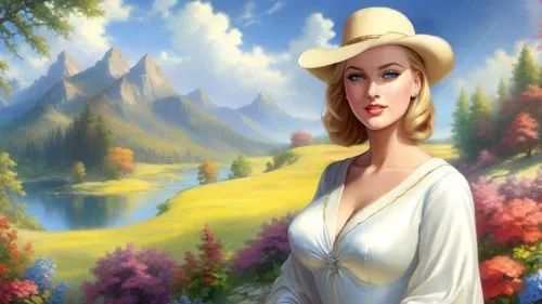 Romantic masterpiece oil painting, beautiful curvy busty woman standing portrait, silk gown dress, nostalgic 1950's style kitsch, breathtaking beautiful epic vast landscape, majestic vibrant lush wild