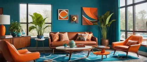 teal and orange,mid century modern,modern decor,contemporary decor,interior decor,turquoise leather,interior design,apartment lounge,interior decoration,midcentury,mahdavi,mid century,blue room,defence,livingroom,interior modern design,sitting room,decor,berkus,search interior solutions,Illustration,Retro,Retro 12