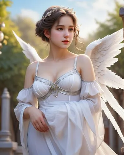 Create a photo realistic in William-Adolphe Bouguereau style of a beautiful adult female angel has a curvy body, white skin, and wearing simple mini lingerie. Realistic hands, realistic five fingers, 