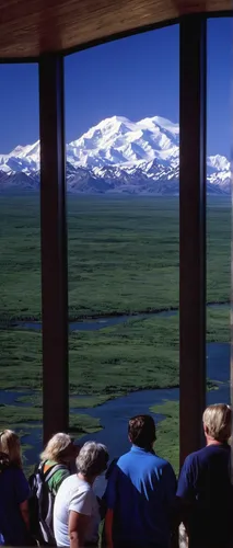 Stock Photo: 4289-13365 Visitors view Mt. McKinley from a interpretative display at Eielson Visitor Center, Denali National Park & Preserve, Interior Alaska, Summer,denali national park,the observatio