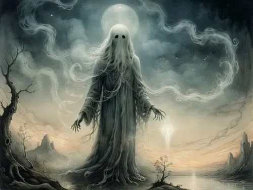 A hauntingly beautiful illustration of a ghostly apparition, with wispy, translucent limbs and a soft, eerie glow, dreamlike quality, with muted colors and a hazy, ethereal atmosphere that captures th