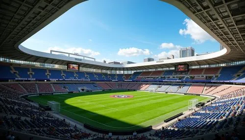 International soccer stadium, lush green turf, vibrant stadium lights, modern architecture, sleek curves, grandstands, VIP lounges, sports equipment, goalposts, stadiums seats, natural stone walkways,