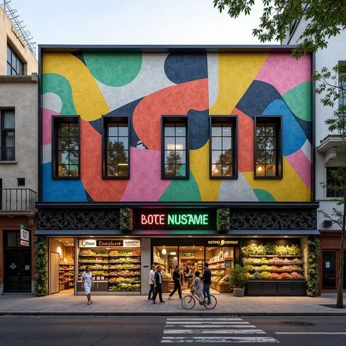 Vibrant grocery store facade, expressionist architecture, bold color blocking, irregular shapes, distorted forms, abstract patterns, dynamic lighting, neon signs, eclectic typography, playful murals, 