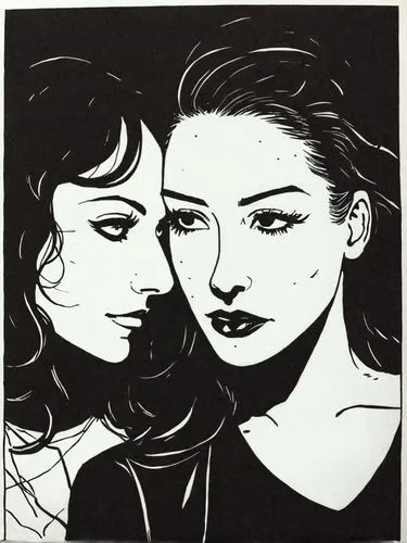 Two women who are fond of each other.,two women in black and white are facing each other,blumstein,chicanas,phonogram,satrapi,gangloff,cocorosie,Illustration,Vector,Vector 11