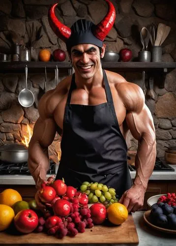 Devil fruit maker, muscular man, apron, chef hat, evil grin, sharp eyes, black hair, bushy eyebrows, red skin tone, demonic horns, pointed tail, holding devil fruit, standing in a dimly lit kitchen, s