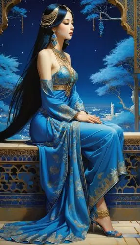 fantasy picture,blue enchantress,fantasy art,oriental princess,jasmine blue,sheherazade,Illustration,Realistic Fantasy,Realistic Fantasy 08