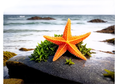 Starfish, orange body, five arms, tiny eyes, suckers on underside, sitting on rock, seaweed wrapped around, ocean waves crashing in background, shallow water, morning sunlight, 3/4 composition, soft f