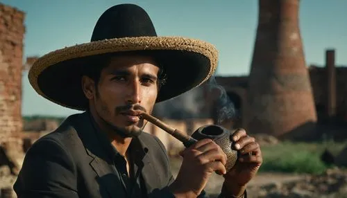 portrait, gipsy male, 30 years old, with a big gipsy black sombrero hat, smoking a big classical Calabash pipe, in front of ruined brick factory,taghmaoui,cazale,pipe smoking,naseeruddin,indian worker