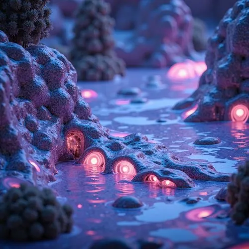 3d render,ice landscape,ambient lights,cinema 4d,render,3d rendered,microworlds,fractal lights,ice planet,3d fantasy,water scape,fractal environment,crystallization,christmas landscape,alien world,voxels,crystalized,mushroom landscape,material test,crystalize